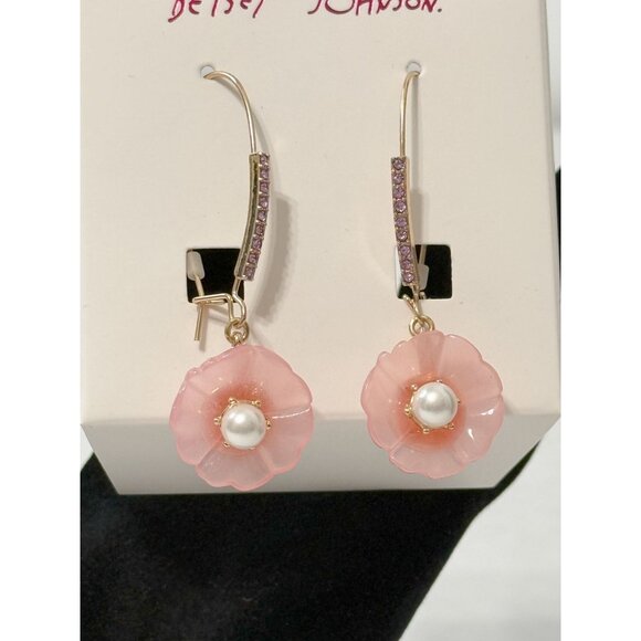 Betsey Johnson NWB Enchanted Pink Translucent Lucite Flower Pearl Lavender Earri - Picture 6 of 9